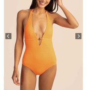 Trina Turk Cabana Solid Plunge One Piece in Melon Orange Size
